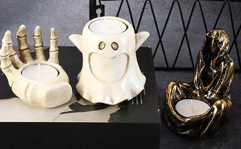 Portavelas de Halloween, soporte votivo de calabaza de resina fantasma para decoración de ambiente para sala de estar, estufa de té para el hogar, adornos de aromaterapia