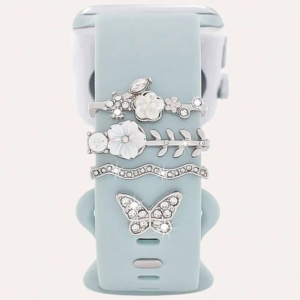 Silver-Tone Floral & Butterfly Charm Decorative Watch Band Cover for Apple Watch 38-49mm