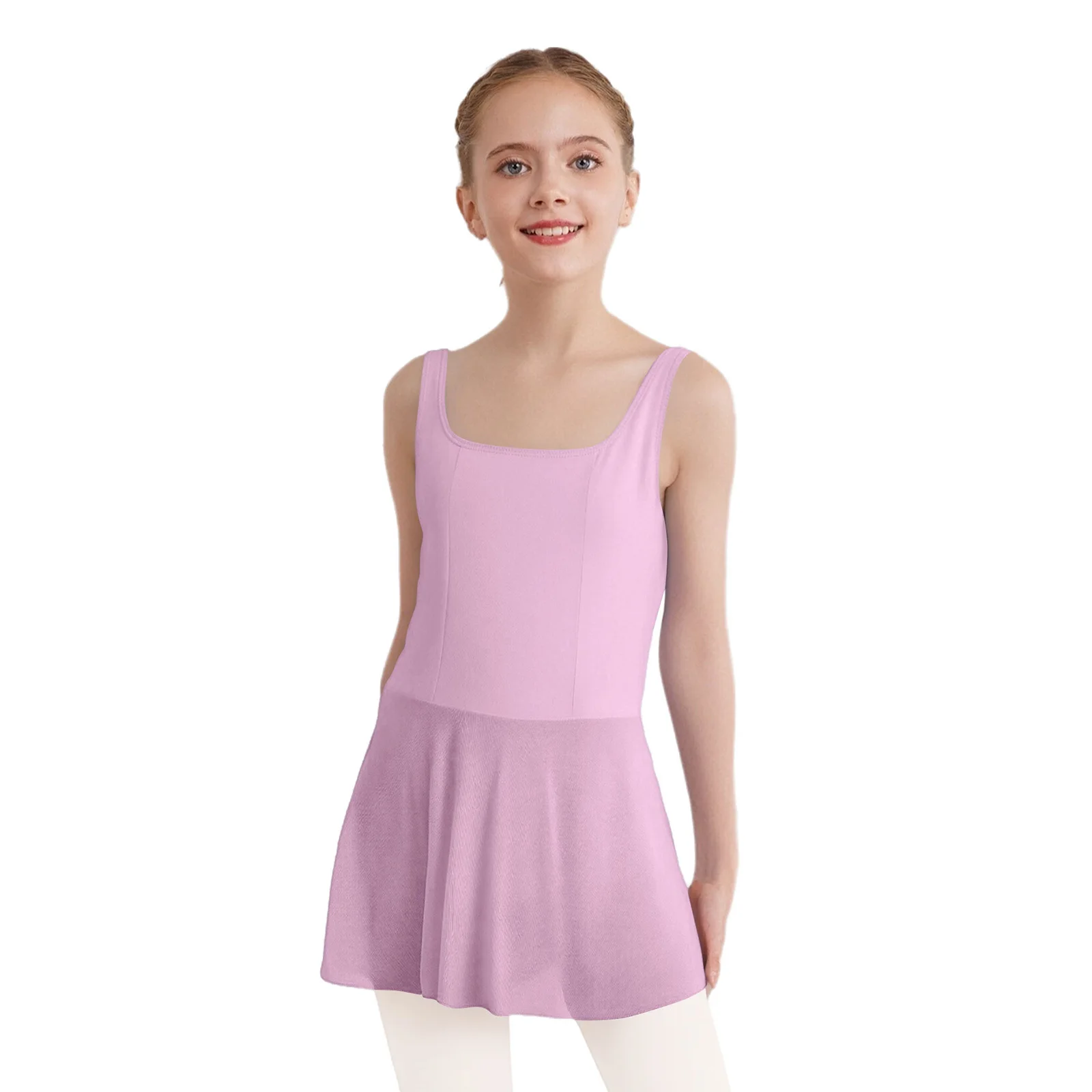 

Kids Girls Ballet Dress Sleeveless Wide Shoulder Straps Sheer Mesh Sides Slit Hem Dress with Built-in Briefs Ballerina Dancewear