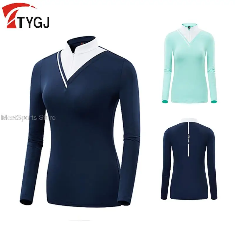 Ttygj Golf Clothes Women\'S Long-Sleeved Sunscreen Ice Silk Tops  Ladies Zipper Collar Bottoming T-Shirt Cooling Sportswear