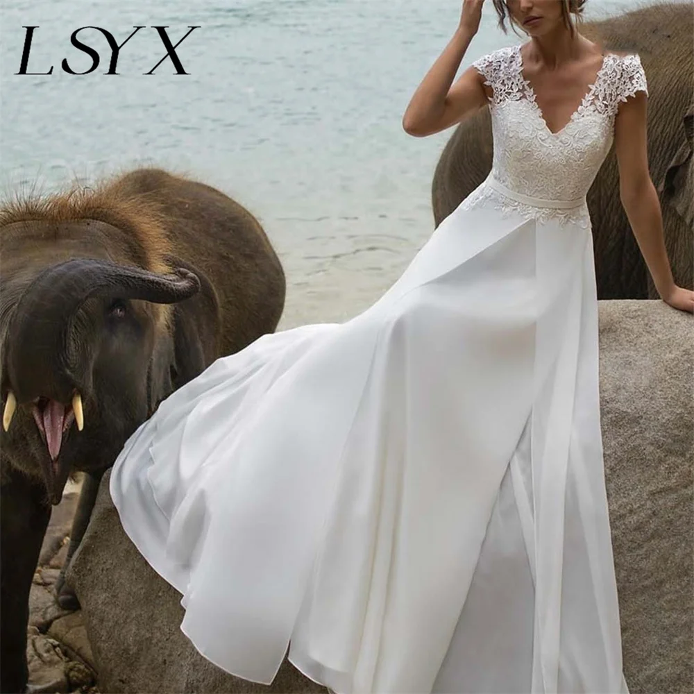 LSYX-vestido de Novia de encaje para mujer, traje bohemio con cuello en V, Mangas de casquillo, corte en A, gasa recortada en la espalda, tren de barrido, vestido de novia de playa, 2023