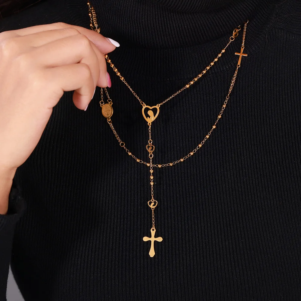 

Sweater Chain Long Necklaces For Women Cross Pendant Stainless Steel Balls Chain Women Choker Necklaces Charm Handmade Jewelry