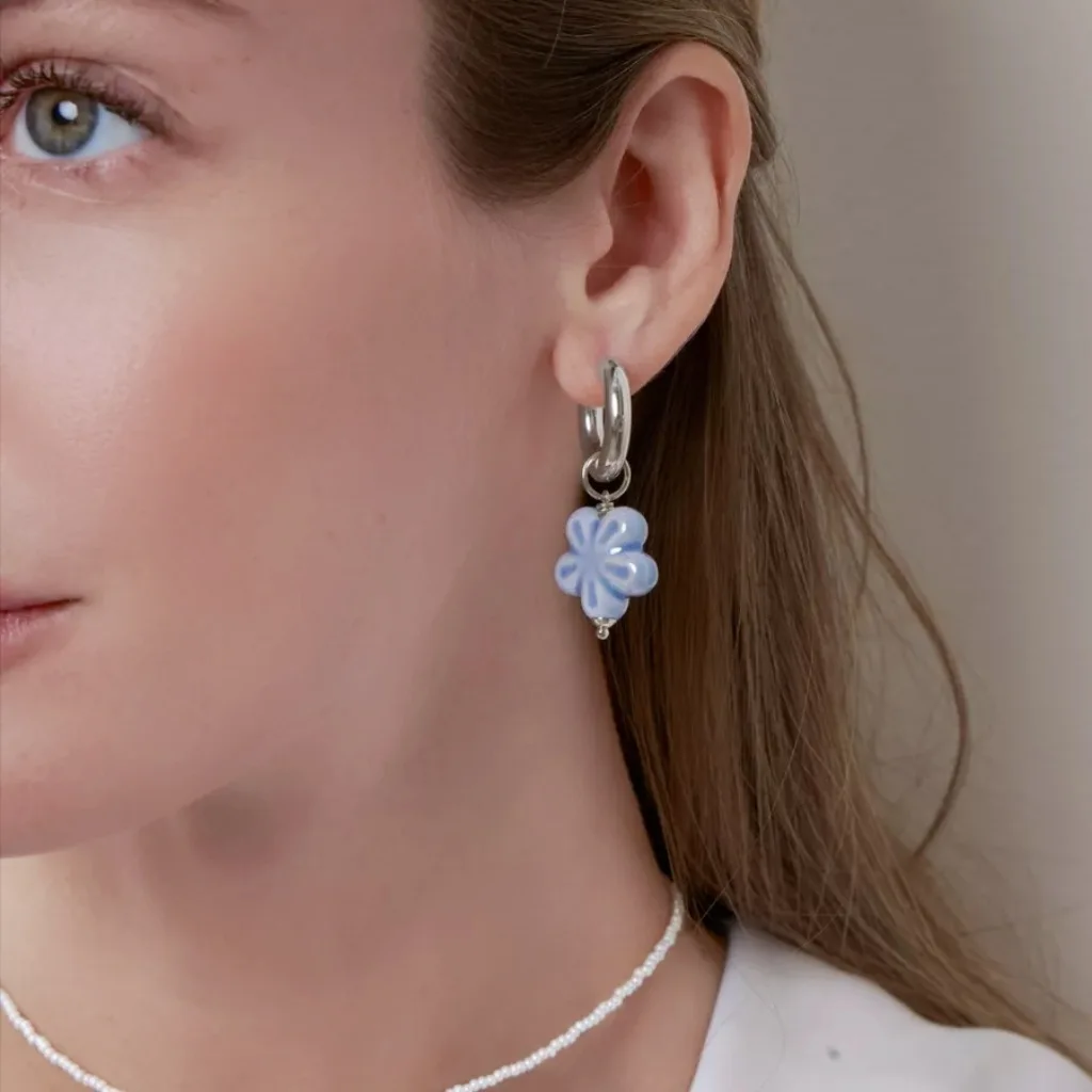 LATS Vintage Personality Imitation Pearl Blue Color Ceramic Flower Drop Earrings for Women Asymmetric Two Wears Wedding Jewerly image 3
