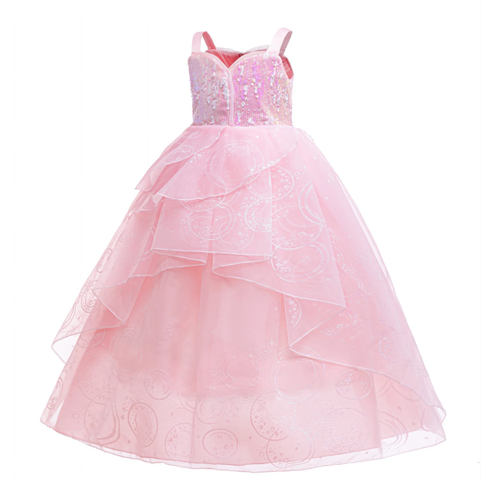 Gaun Anak Perempuan Payet Tali Bahu Lebar Gaun Tulle Kerut Berlapis Gaun Putri Perjamuan Kostum Pesta Cosplay Halloween