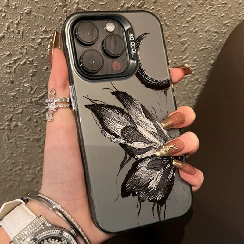 Dark Butterfly Electroplate Silver IMD Phone Case For iPhone 16 Pro Max 15 14 13 12 11 Pro XR XS 7 8 Plus Shockproof Back Cover