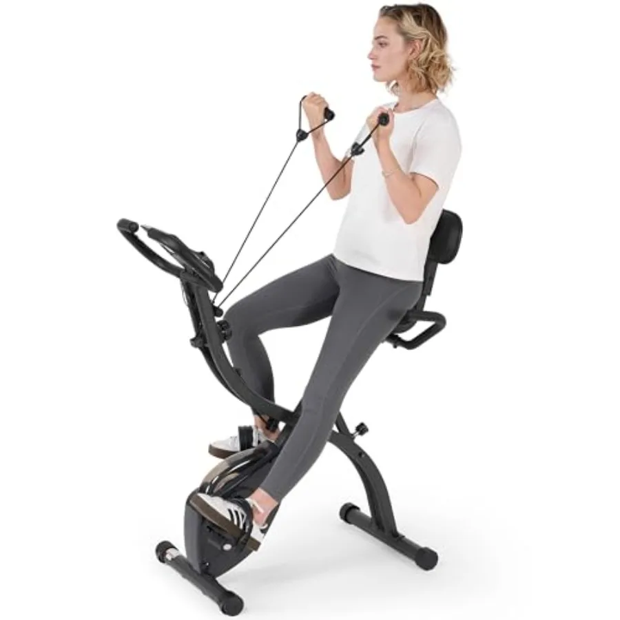 Folding Exercise Bike for Home Workout with 10 Level Adjustable Magnetic Resistance and Arm Resistance Band LCD Display Support