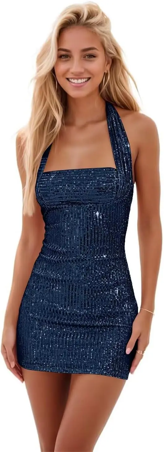 

Sparkly Sequin Short Homecoming Dresses for Teens Halter Tight HOCO Dresses Backless Formal Cocktail Gown above knee , mini