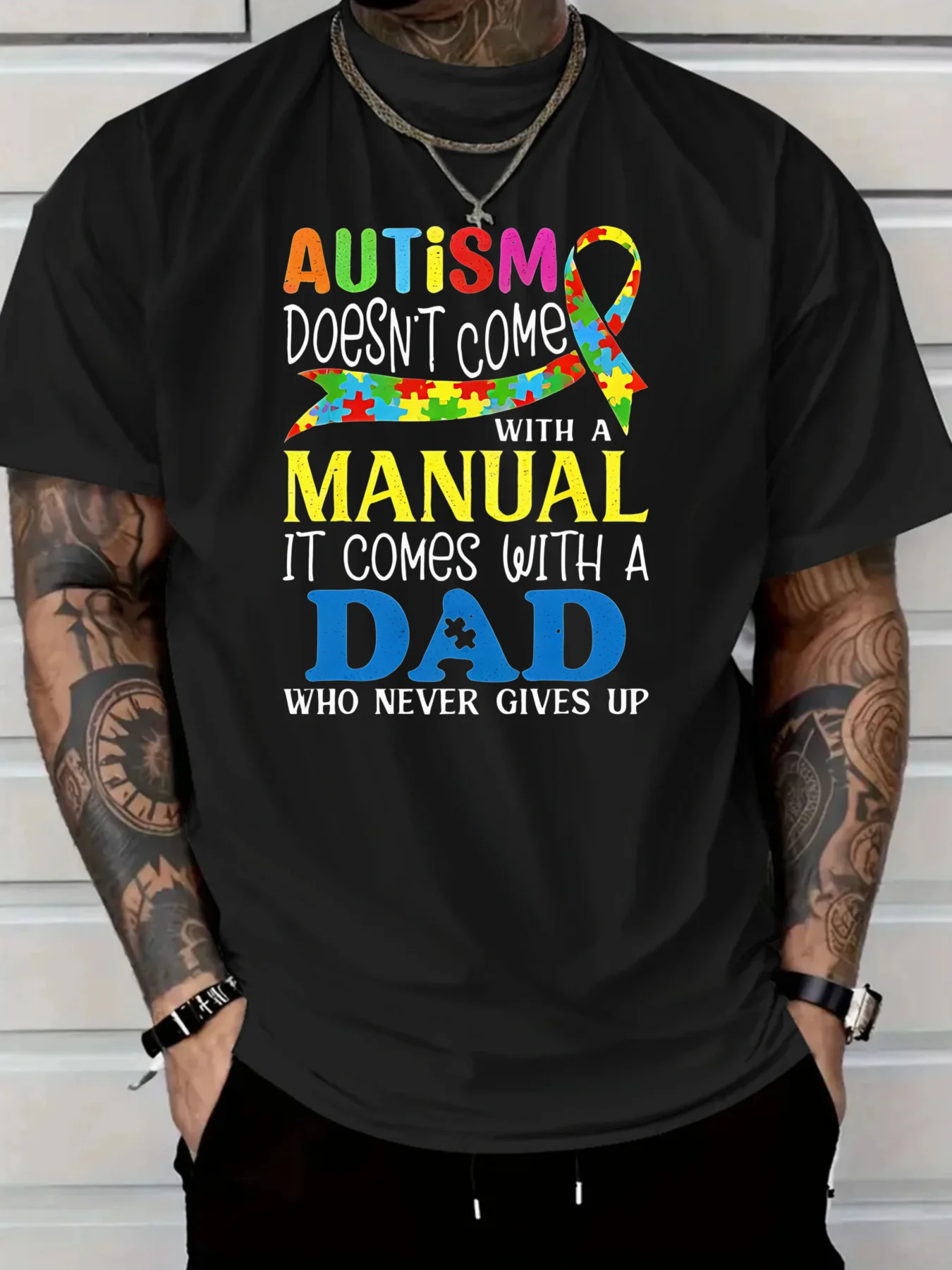 เสื้อยืดผ้าฝ้ายผู้ชายออทิสติกเสื้อยืดลำลองสั้นพร้อมคำคมสร้างแรงบันดาลใจการออกแบบปริศนาสีสันสดใสผ้าสบายพิมพ์ทนทาน