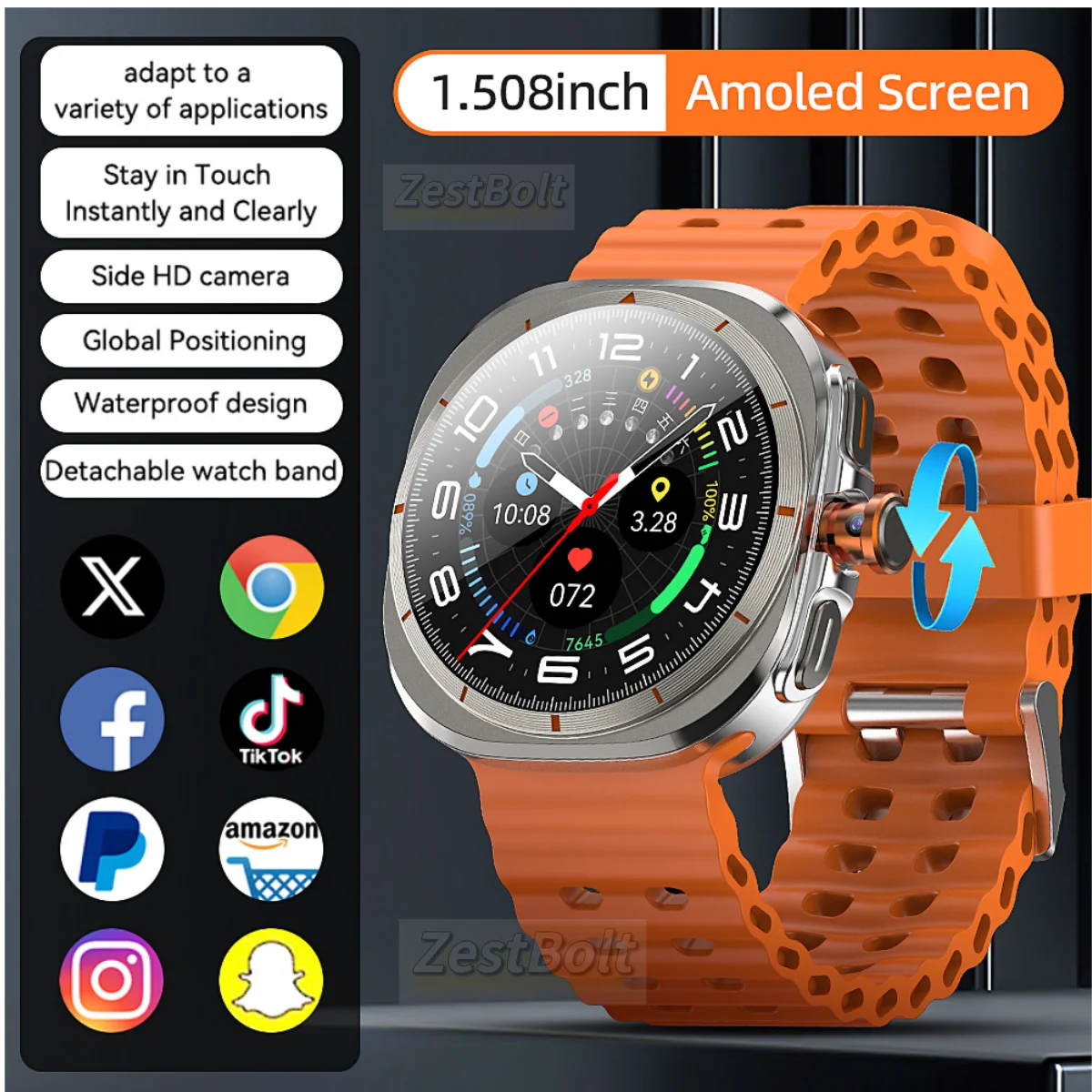 

16+256GB Smart Watch 1.508'' AMOLED Screen Dual Camera 4G SIM Call Precise Positioning Heart Rate Monitoring Android Smartwatch