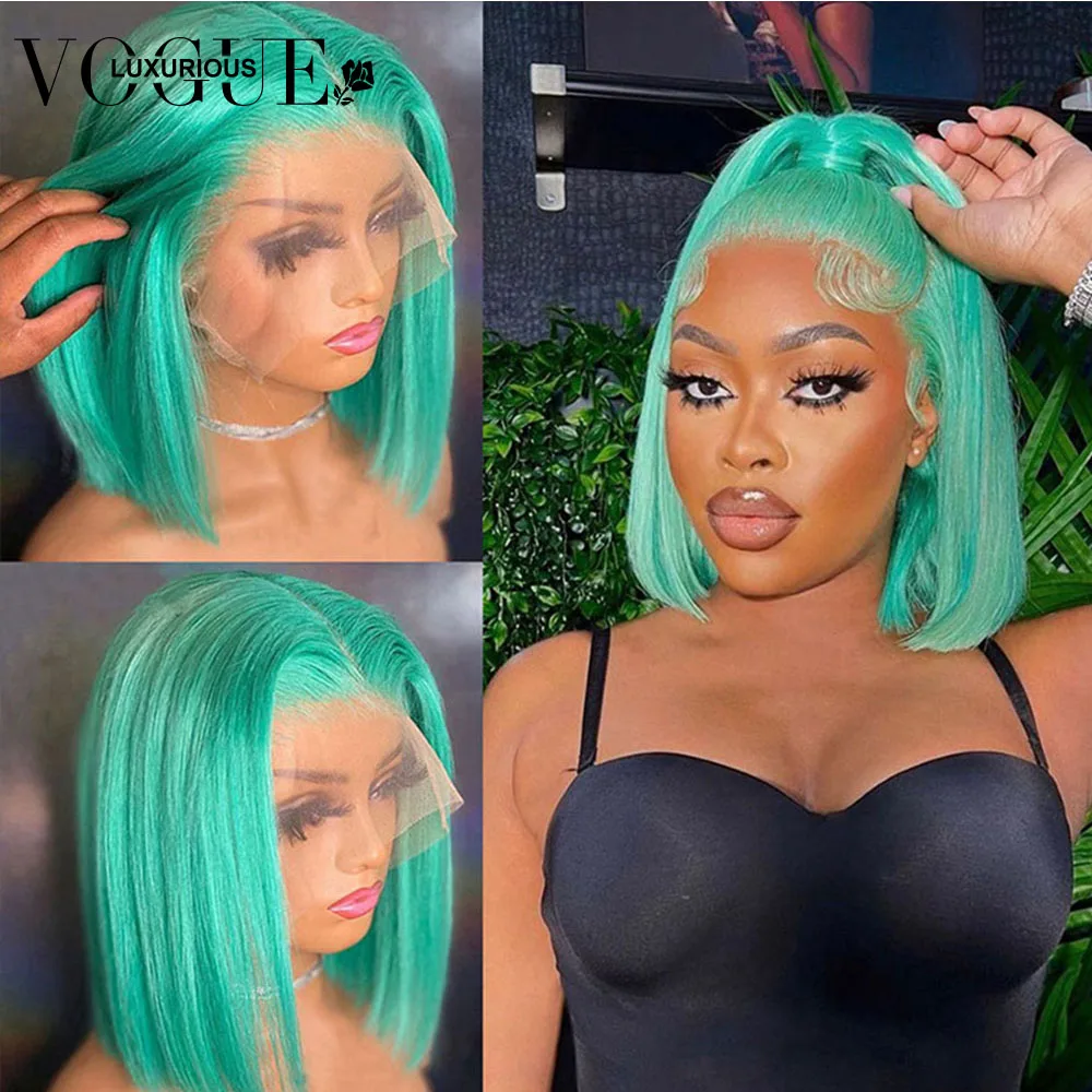 Straight Short Bob Pixie Cut Mint Green Rose Hot Pink Colored Human Hair Wigs 5X5 Closure Glueless Wig Brazilian Ready To Wear