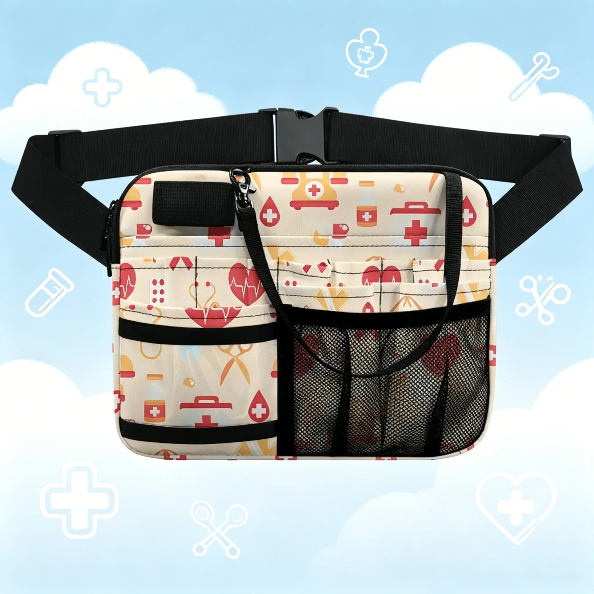 

Cute Medical Print Waist Bag - Multi-Pocket Utility Pouch with Mesh, Adjustable Strap, Nurse Doctor Gift