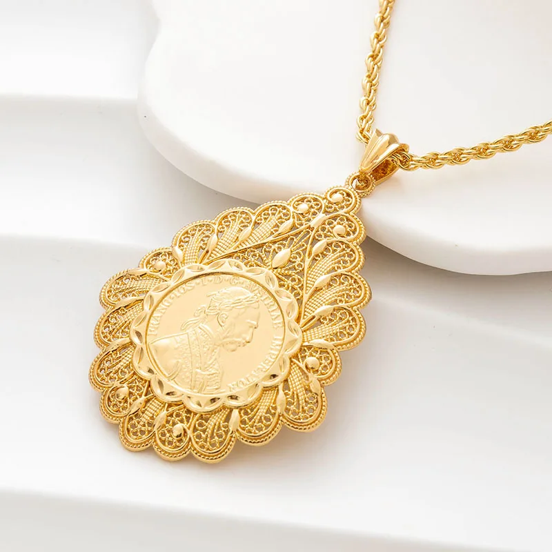 Dubai Ladies Necklace Slide Chain Arabian Momen Robe Jewelry Set Algerian Gold Color Pendant Fatima Coin Choker