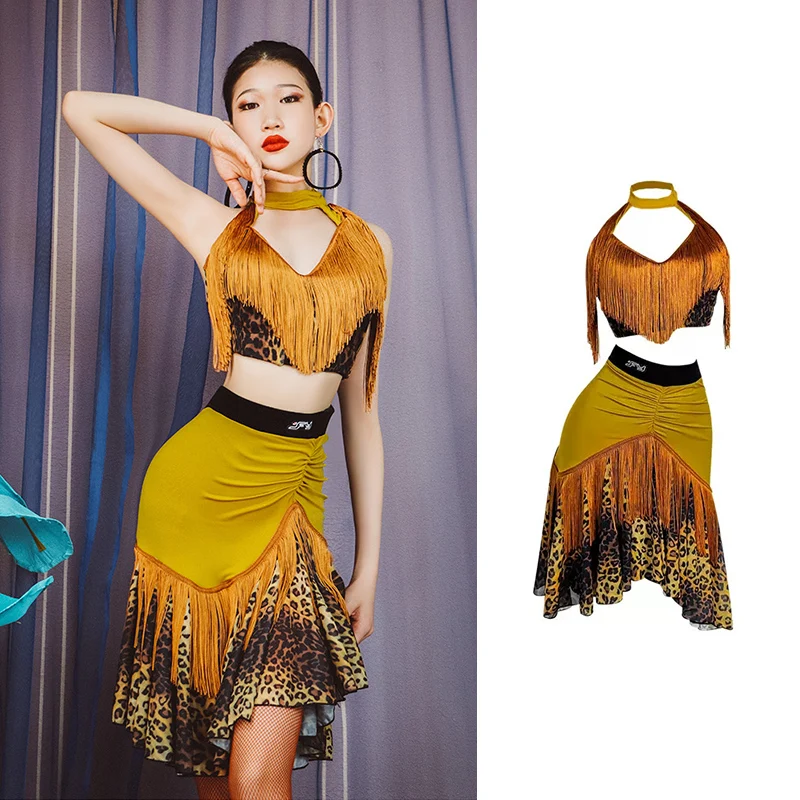 

2023 New Latin Dance Competition Clothes Sexy Leopard Tassel Tops Skirt ChaCha Performance Outfit Women Practice Wear VDB6856