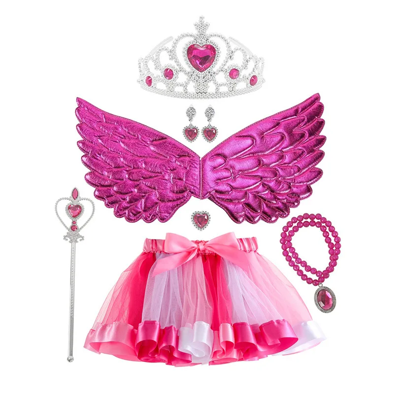 Anime Kawaii Barbie Kid Short-Sleeved Mesh Skirt Set Colorful Cartoon Cute Tutu Princess Skirt Cosplay Angel Crown Six-Piece Set