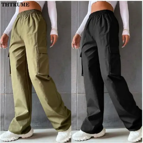 빈티지 streetwear 카고 바지 패션 여성 솔리드 오버 사이즈 포켓 하이 웨이스트 헐렁한 바지 캐주얼 힙합 스트레이트 새 바지
