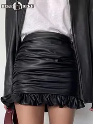 Pleat Design Sexy Women Warp Skirt Zipper Slim Fit High Waist Genuine Leather Skirts Fashion Ladies Ruffle Sweet A-Line Skirts