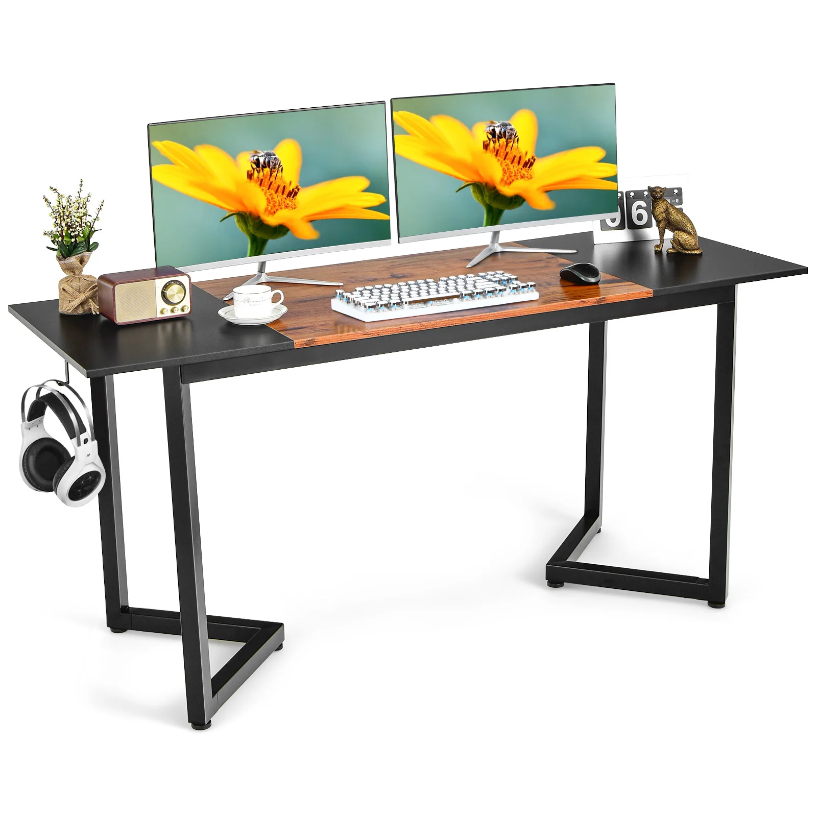 Desk, 160x60x74 cm, computer table narrow, office table with splice Board & Hook, PC table wood office table