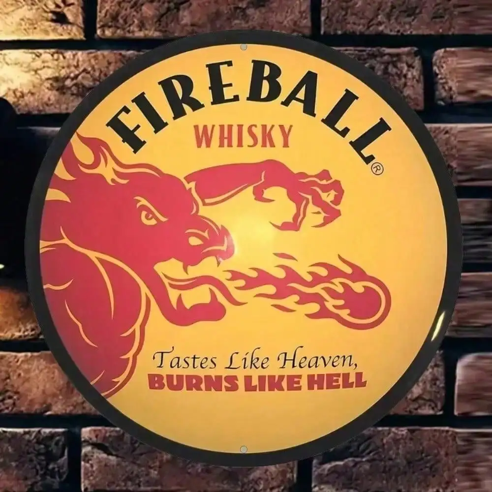Vintage Fireball Whisky Dragon Round Metal Sign 2D Flat Retro Bar Man Cave Wall Decor