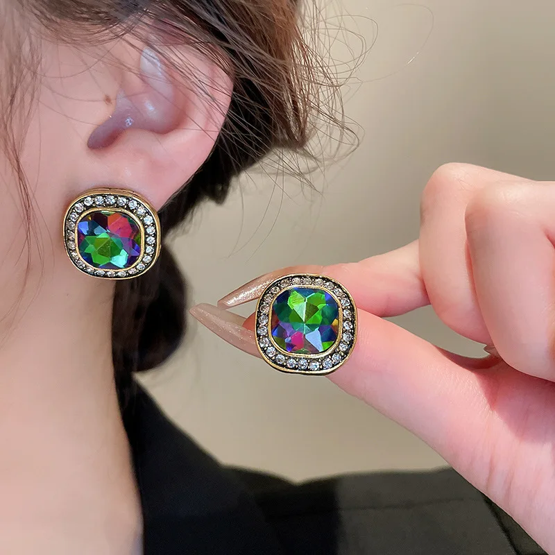 French retro light luxury diamond-encrusted square silver needle earrings fashion super flash niche temperament advanced