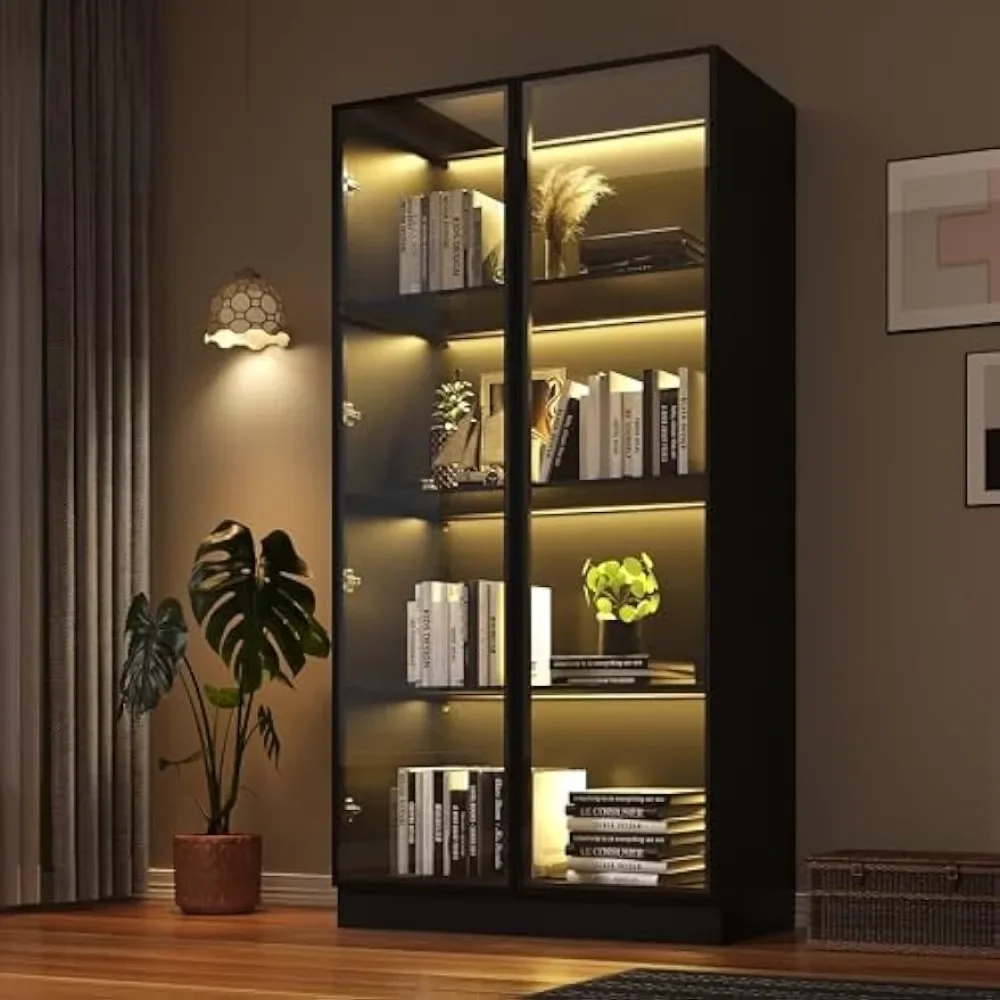 Display Storage Cabinet,howcase with 4-Tier Storage Shelves,Pantry Glass Cabinet for Living Room,Dinning Room and Kitchen（Black）