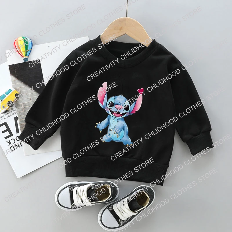 New Stitch Sweatshirts Children Pullover Cartoons Anime Casual Clothes for Girl Boy Kid Kawaii Fashion Black White Tops