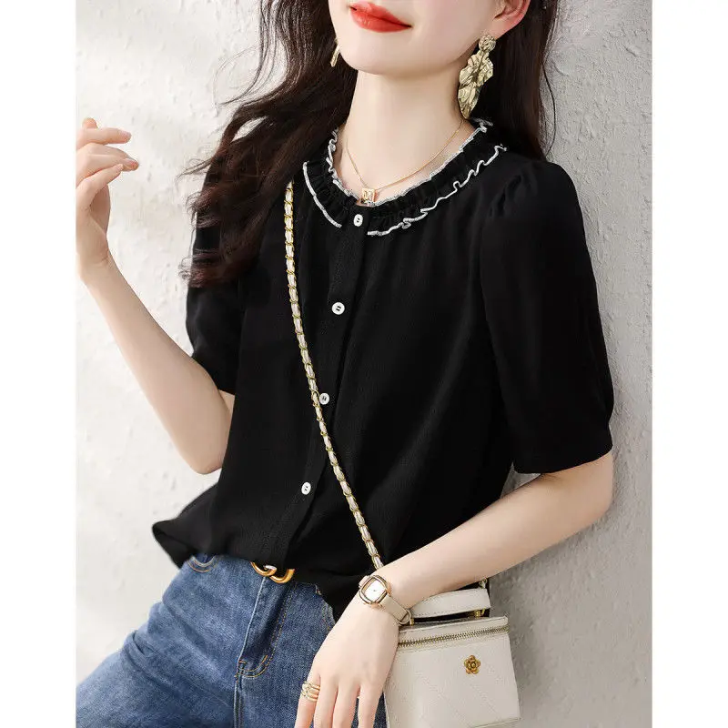 Fashion O-Neck Spliced Button Loose Short Sleeve Ruffles Shirt Women\'s Clothing 2023 Summer New Casual Tops All-match Blouse