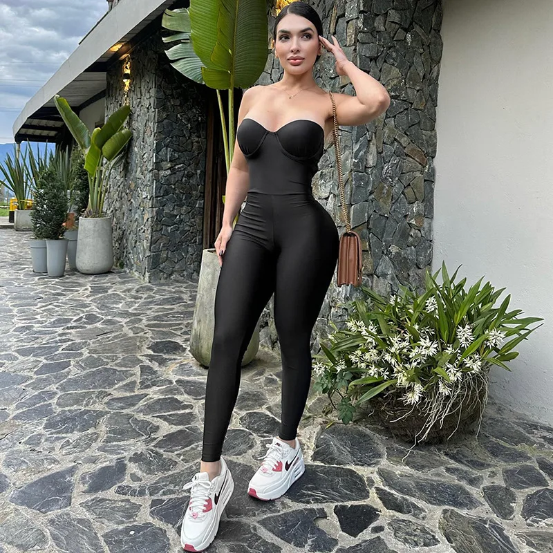 

Women Clothing Solid Color 2025 Autumn New Strapless Tight Sexy Hollow Out Backless Jumpsuit One Pieces Party Clubwear