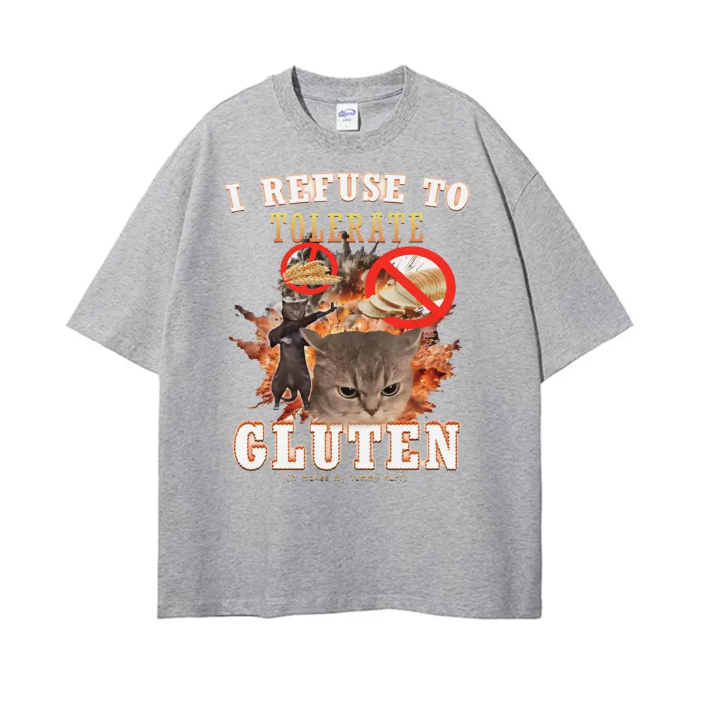 رفضت على التسامح الغلوتين مضحك القط ميمي تي شيرت الرجال النساء الملابس القطن الخالص موضة تي شيرت عادية Crewneck فضفاض تي شيرت #4
