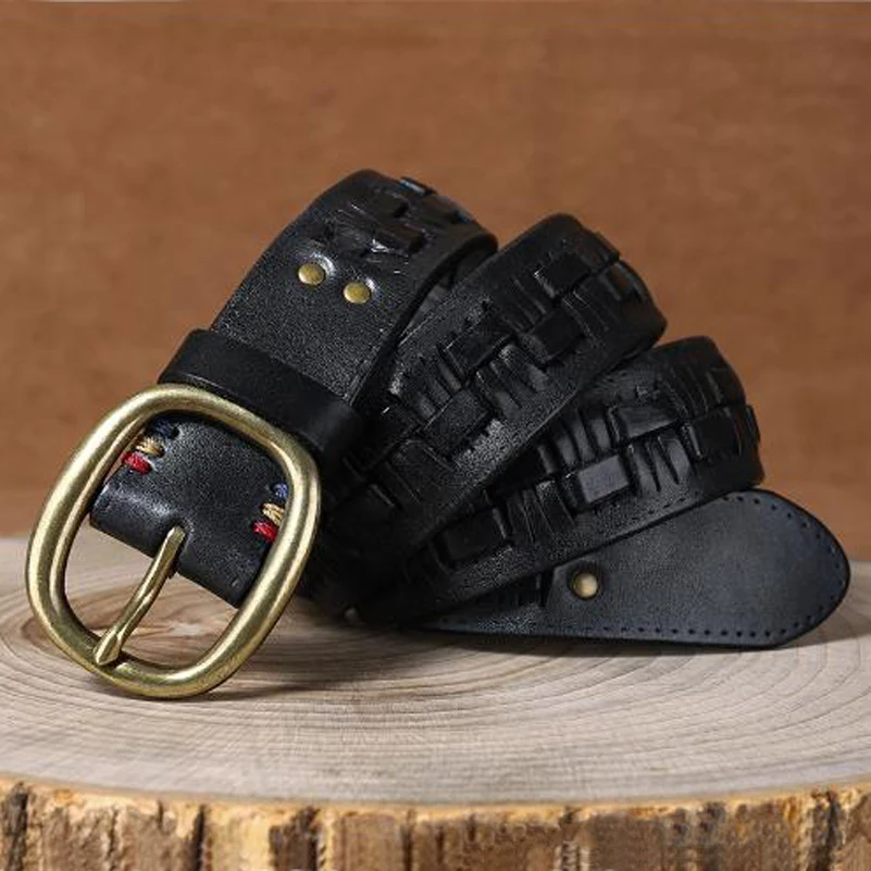 Western Retro High Quality Cow Leather Braided Copper Pin Buckle Contrast Colour Rviet Design Hand-woven Men Belt