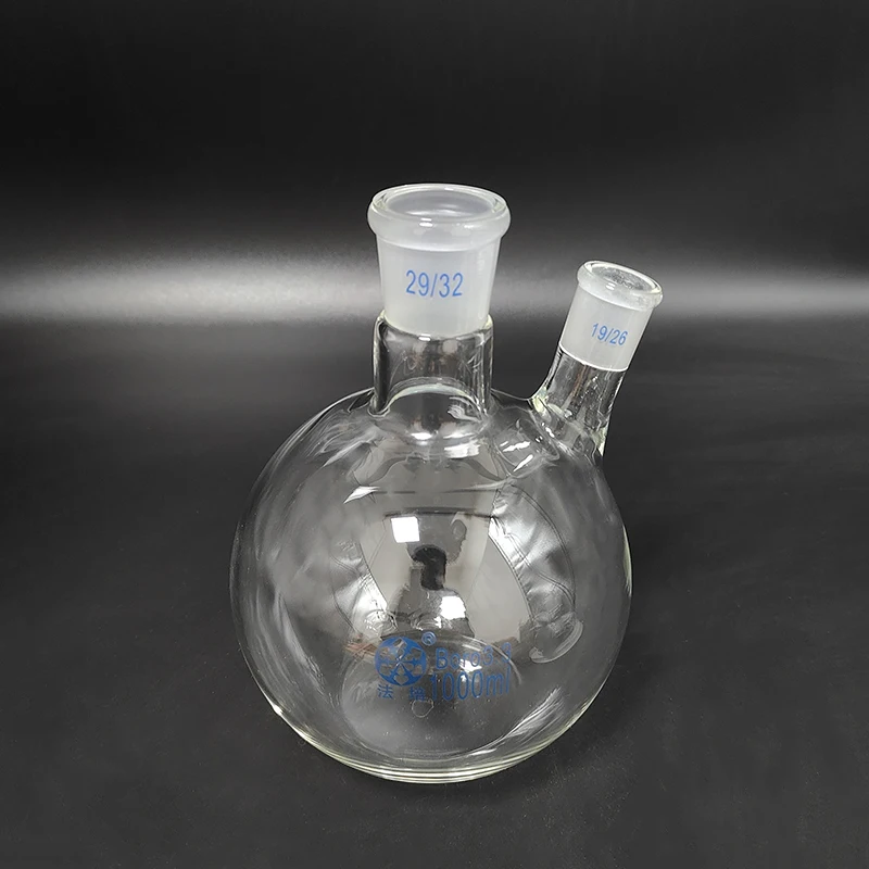 FAPE Two-necked flask oblique shape, With two necks standard ground mouth 1000mL 29/32+19/26, Two-necked flat bottom flask