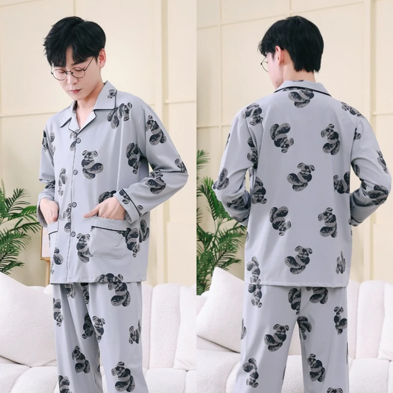 Big Size Warm Sleepwear for Winter Pajamas Men\'s Long-Sleeved Youth Home Clothing 2PCS Set Cartoon Bear Black Gray Blue Casual