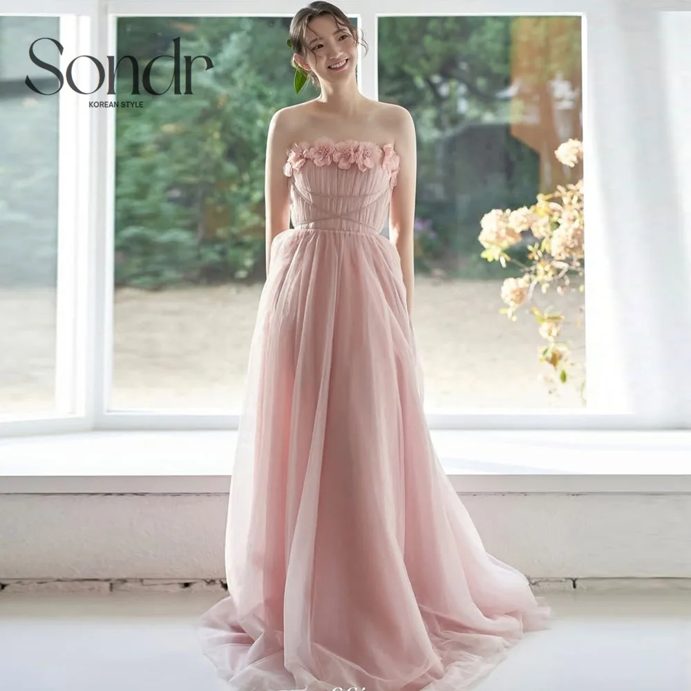 Sondr Baby Pink Elegant A-Line Korean Evening Dresses Flower Soft Tulle Strapless Long Prom Dresses 웨딩드레스 Customized Corset