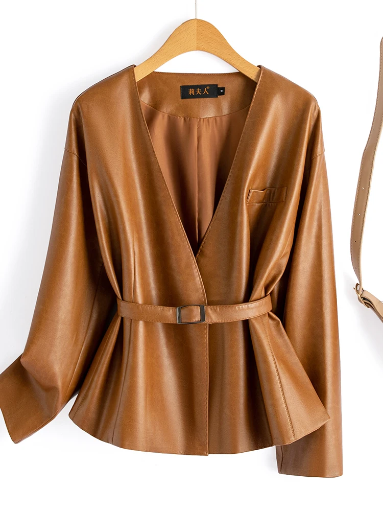 ファッショナブルなオートバイジャケット女性のレザーコートシープスキンバイカーアウターウェアスリムフィット春秋冬新作Sle