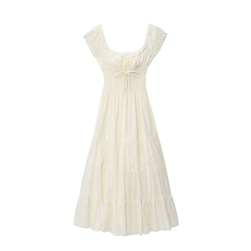 French Style Solid U-Neck Summer Dresses 2025 Women Short Sleeve A-line Casual Beach Boho Holiday Dress Elegant Lady Robe