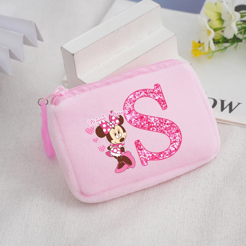 Minnie Mouse Square Plush Coin Purse Disney Anime Cartoon Letter Printed Wallet Boys Girls Kawaii Mini Key Storage Bags Gifts