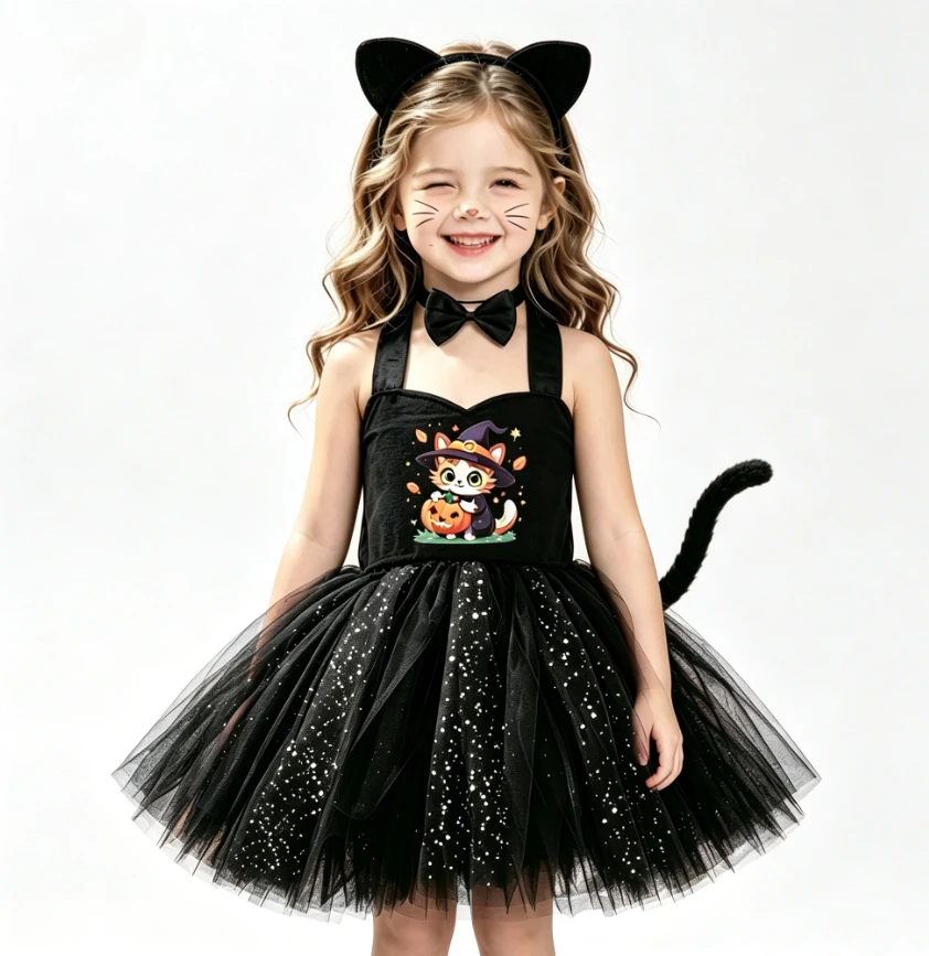 Girls Black Cartoon Cute Little Cat Printed Tutu Skirt With Headband Tail Set For Halloween Christmas Party Stage Show Clothing