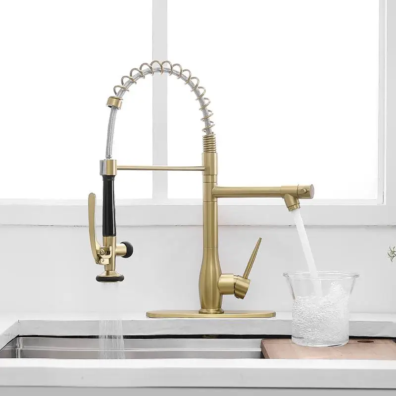 

Brushed Gold Kitchen Faucet with Pull Down Sprayer and Deck Plate, Single Handle Sink Faucet with Lever Control