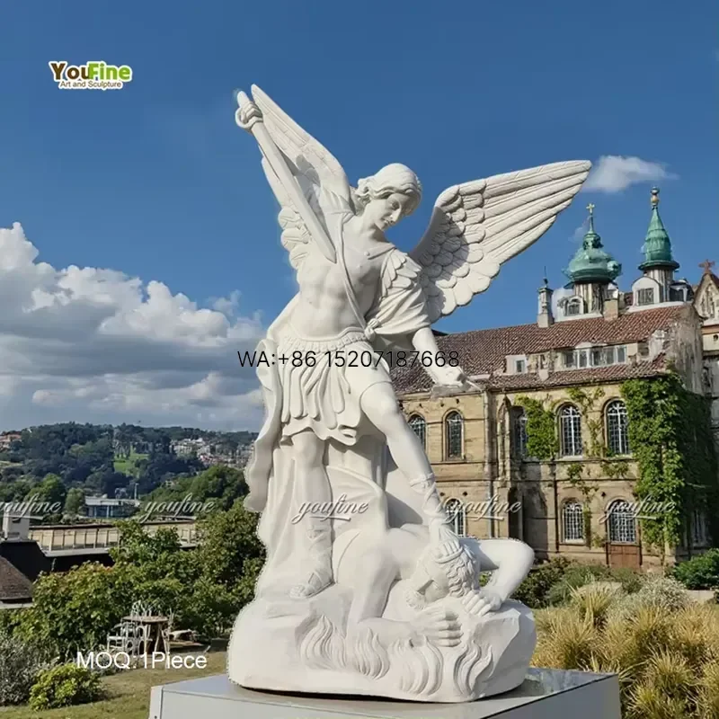Wmwmnu for YouFine Life Size White Marble St Michael Archangel Statue Hand Carved Religious Sculpture for Church Garden