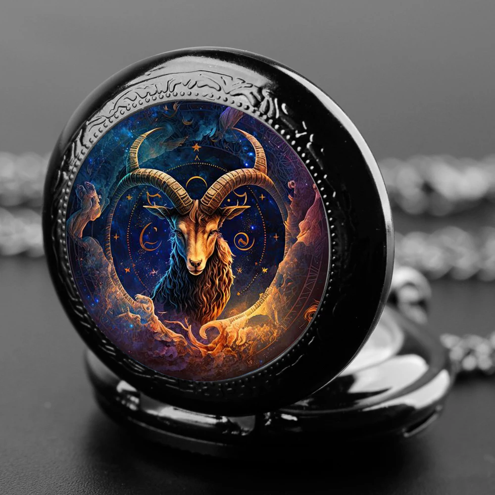 Zodiac sign Aries Quartz Pocket Watch for Women Men, Cool Black Necklace, Unique Pendant Clock ChainWatch Gift Accessories