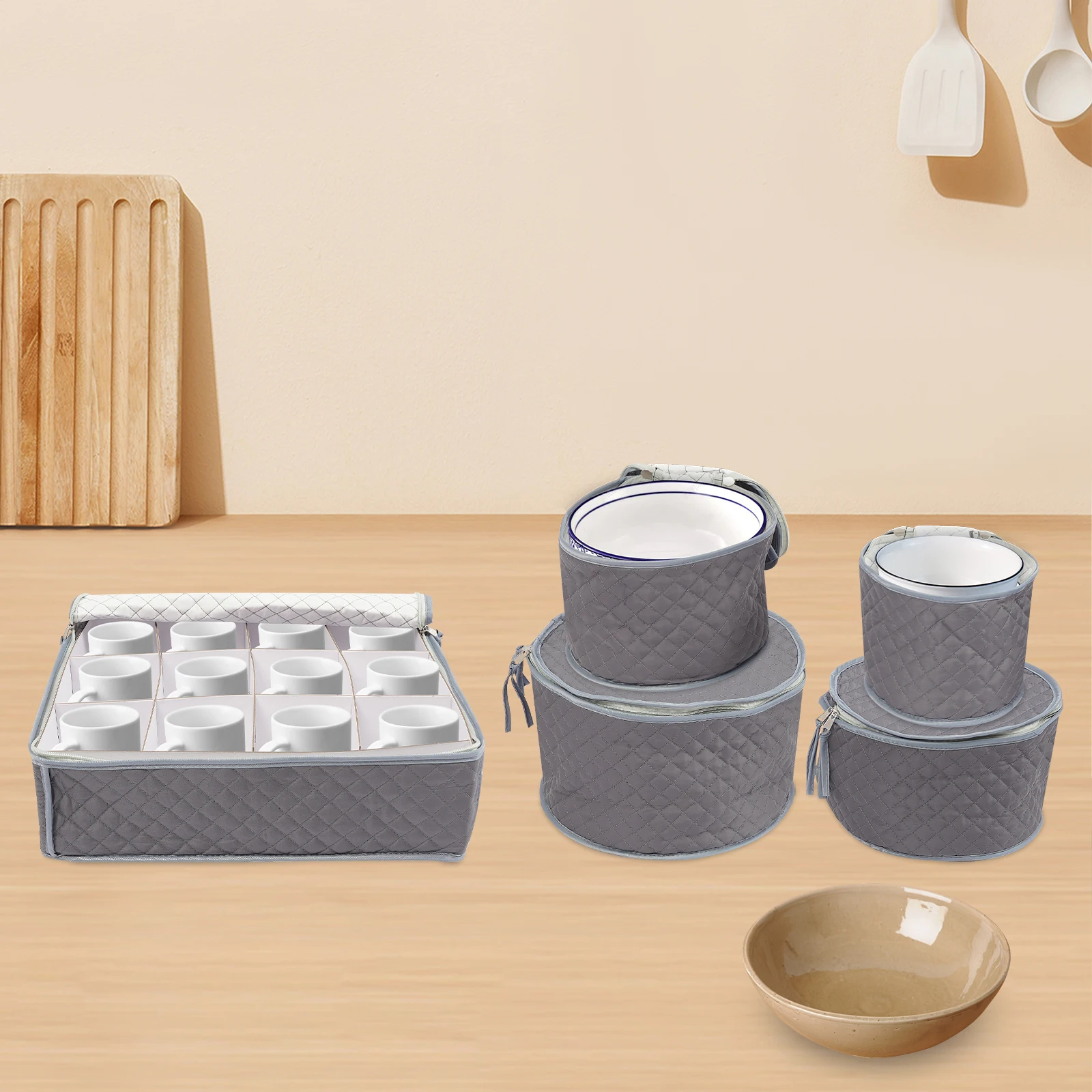 

5Pcs Storage Bags, Cutlery Storage Bag Set with 4 Plate Storage Bags and 48 Felt Separators for Store Cups, Bowls, Dinner Plates