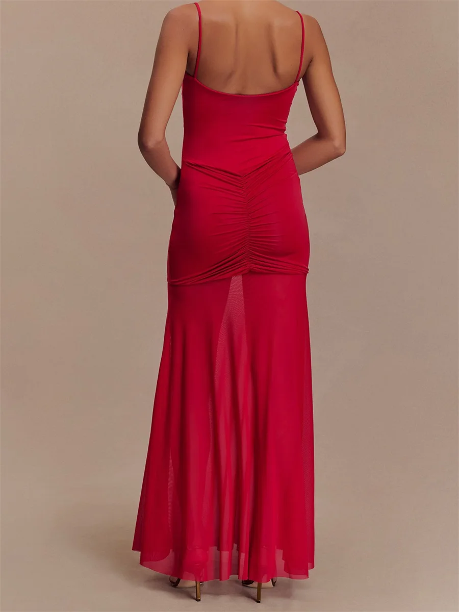 Elegant Sleeveless Maxi Dress with Ruched Detailing and Cutout Front Spaghetti Strap Backless Design for Women