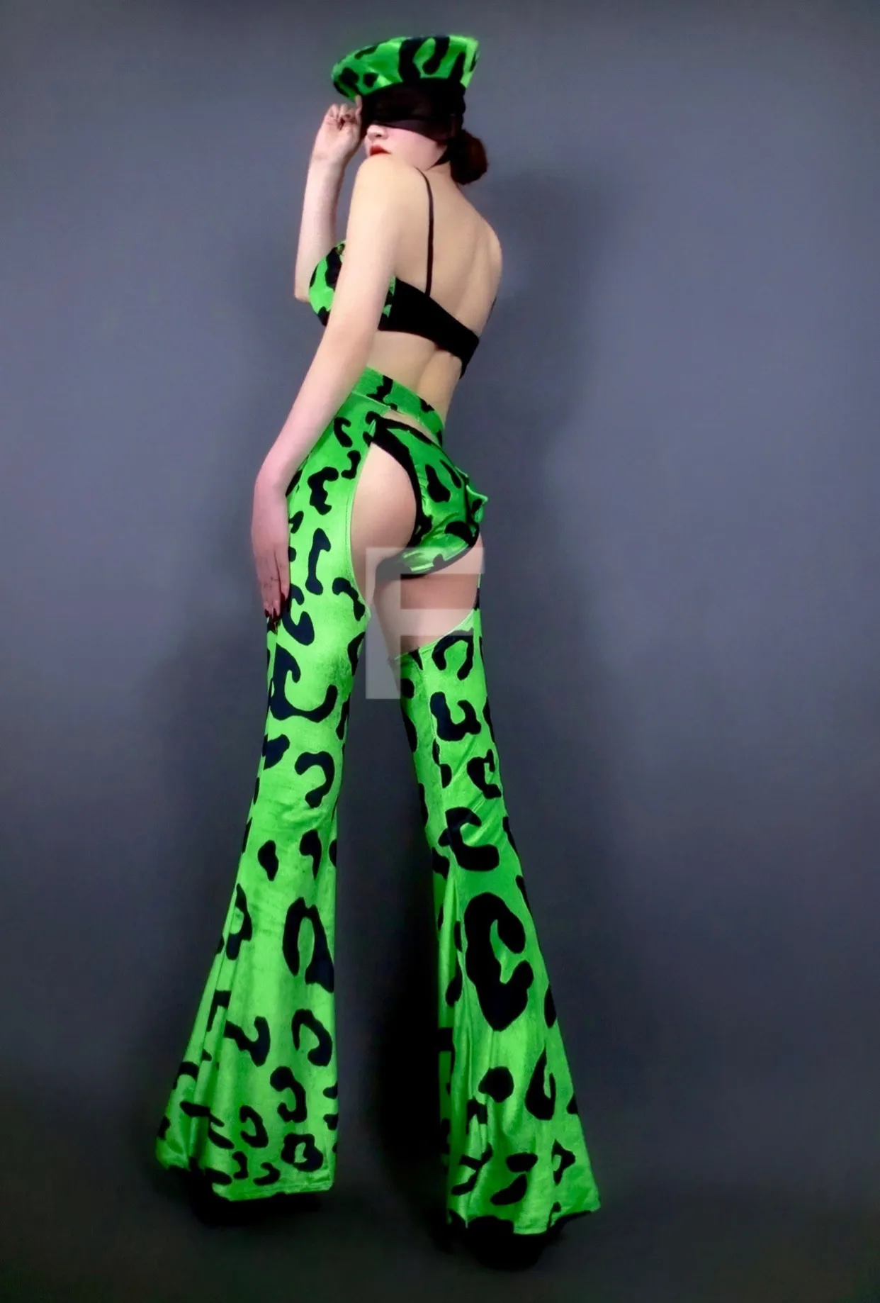 Green Leopard Bikini Split Bell Bottomed Pants Hat Outfit Women Dance Team Jazz DJ Costume Bar Nightclub Singer Performance Wear