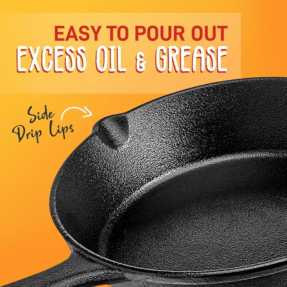 3-Piece Cast Iron Nonstick Skillet Set with Silicone Handles and Drip Spout, Suitable for All Cooktops