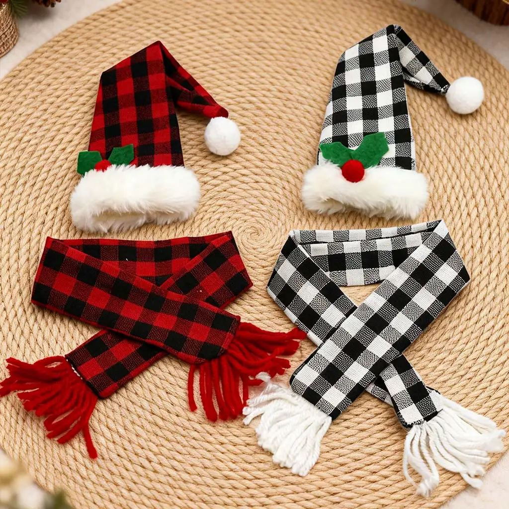 (1 Piece/bag)3.5-45Cm Christmas Plaid Cloth Red Wine Bottle Set Mini Scarf Hat Holiday Party Decoration Diy