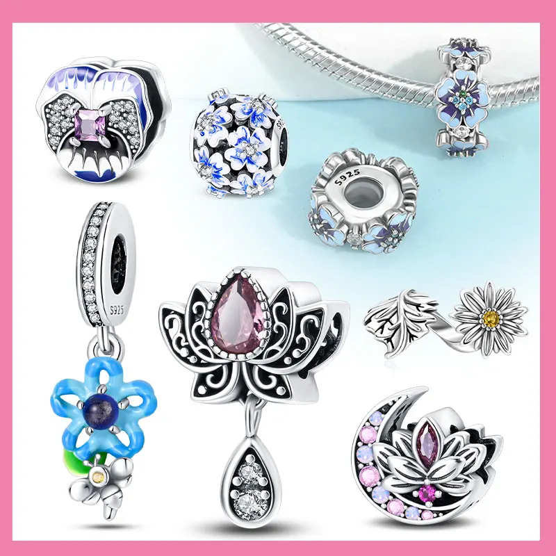 Hot Sales 925 Silver Blue Bouquet Romantic Flower Language Theme Charms Beads Fit Pan Original Bracelets DIY Gifts Fine Jewelry