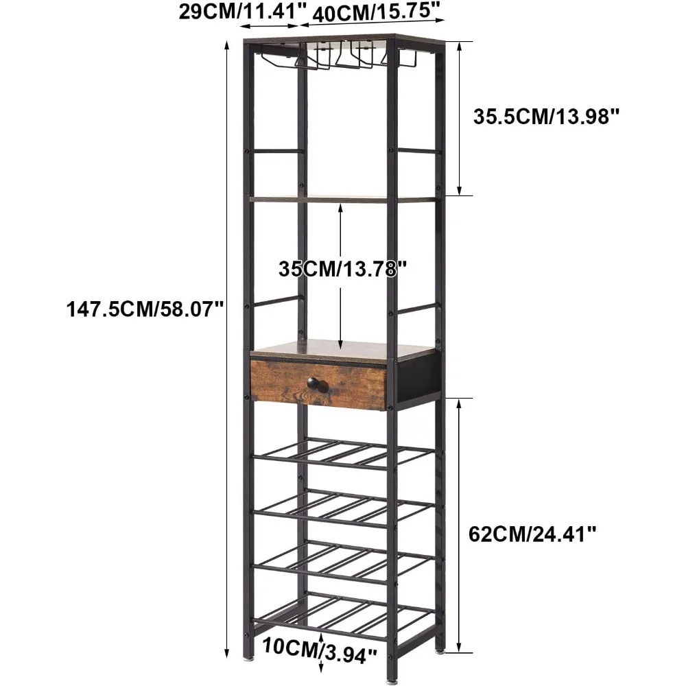 Wine Rack Freestanding Floor, Bar Cabinet for Liquor and Glasses,4-Tier Wood Coffee Bar Cabinet,Glass Holder and Storage Drawer