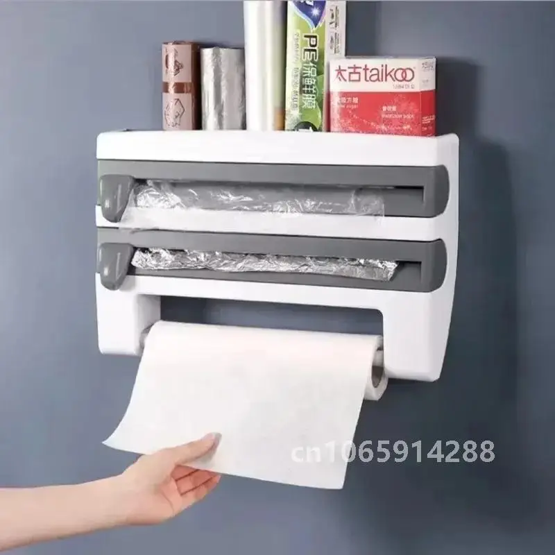 Kitchen Cling Film Tissue Holder Sliding Knife Cutter Aluminum Foil Barbecue Paper Cutting Box Household Towel Storage Racks