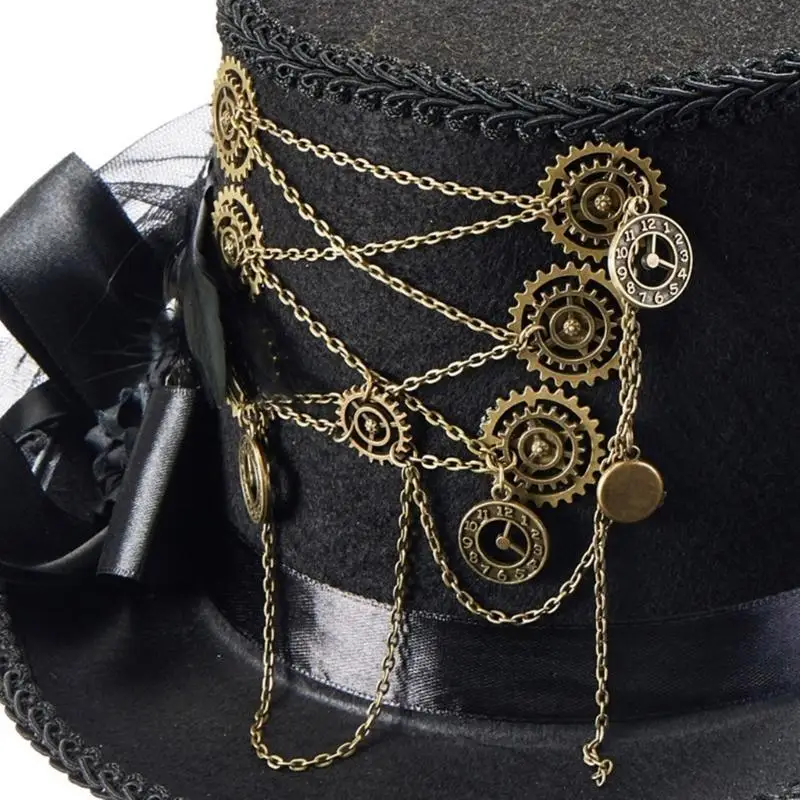 L5YA Steampunk-meisjeshoed met platte hoed Halloween-kostuumhoed met tandwielketting en verendecors
