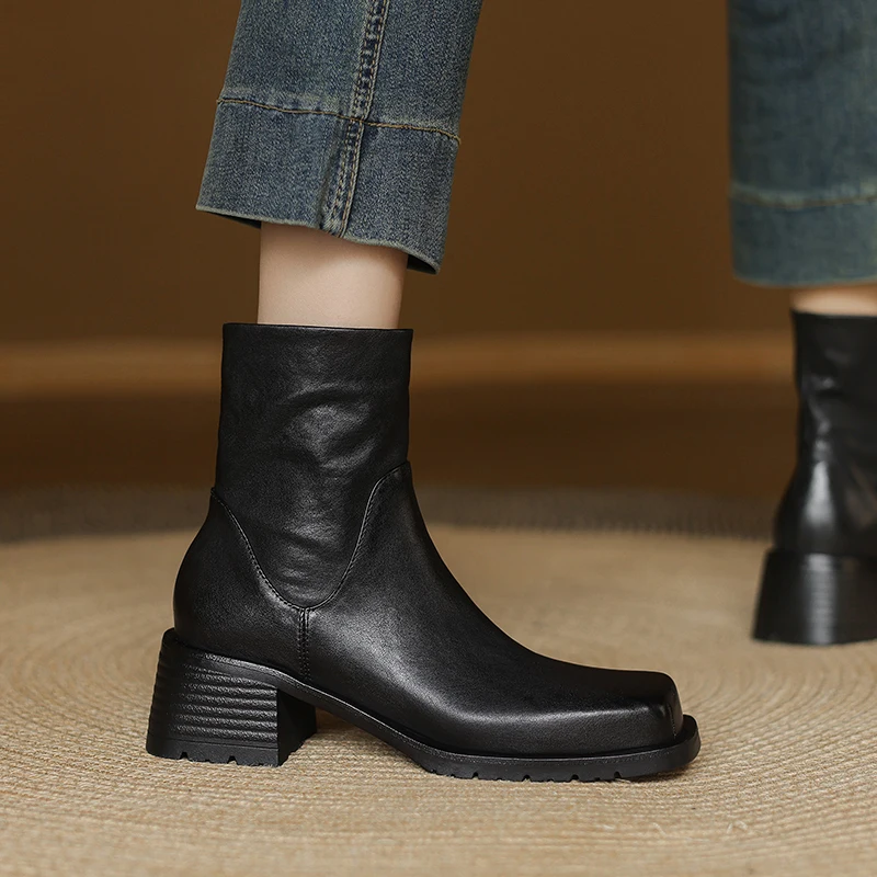 

Spring Autumn Vintage Ankle Boots Thick Heeled Woman Chelsea Boots Ladies Shoes Side Zippers Cowhide British Style Short Boots