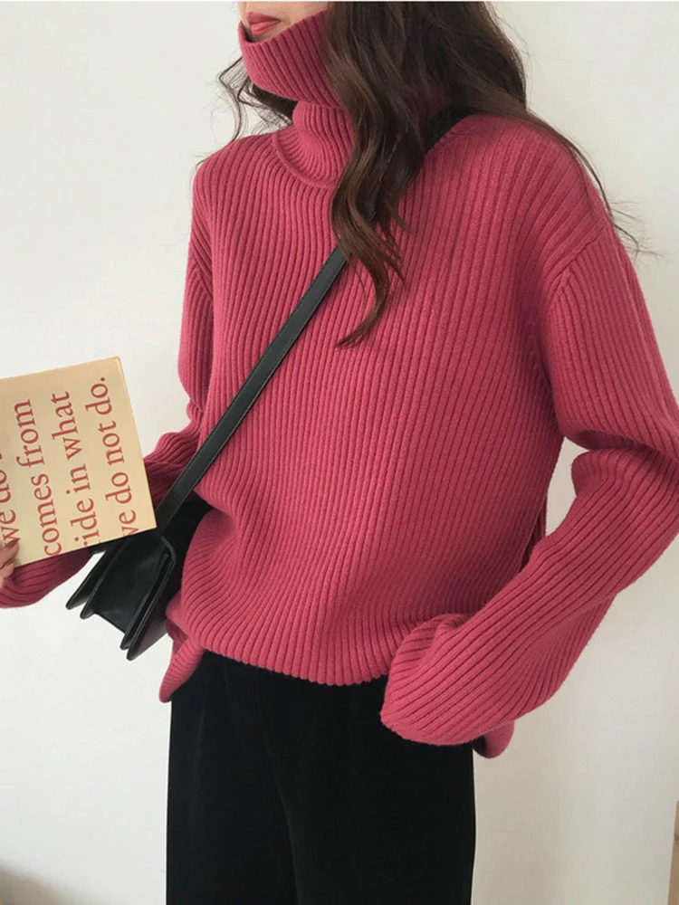 2024 Women Turtleneck Sweaters Autumn Winter Loose Pullover Women Basic Tops Casual Thick Soft Knit Sweater Soft Warm Jumper